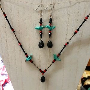 Black Egg & Turquoise fetish bird Necklace Set